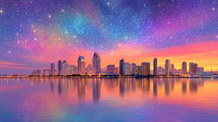 Obraz premium Horizonte futurista de ciudad costera bajo un cielo nocturno vibrante