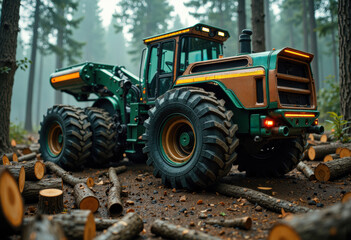 Heavy-duty tractor working in a forest clearing with logs and trees around