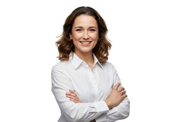 Smiling woman in white shirt with crossed arms isolated on transparent background