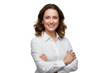 Smiling woman in white shirt with crossed arms isolated on transparent background