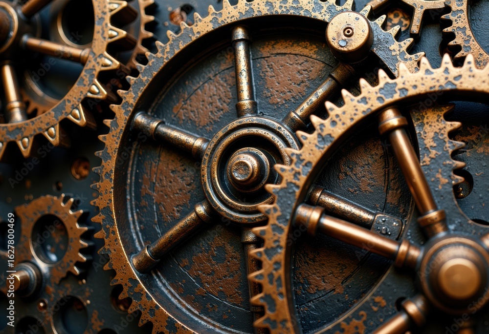 Poster close-up of interconnected metallic gears showcasing intricate mechanical details and craftsmanship