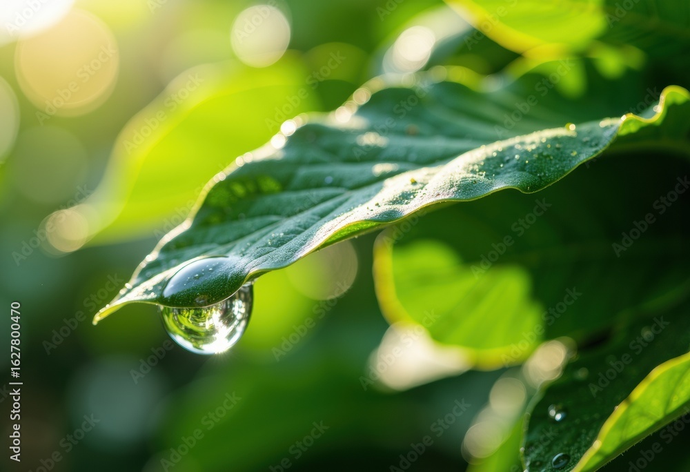 Poster close-up of a dew-covered leaf with sunlight filtering through in the background