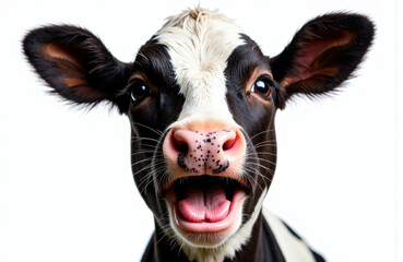 A close-up of a young cow with expressive eyes and an open mouth showing its tongue and teeth