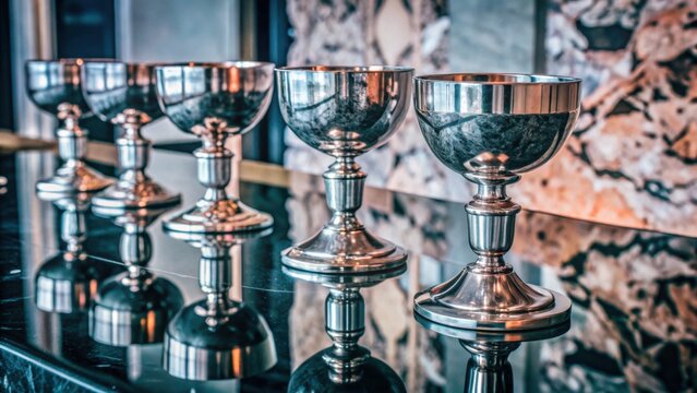 Elegant silver trophies arranged on a reflective table surface  