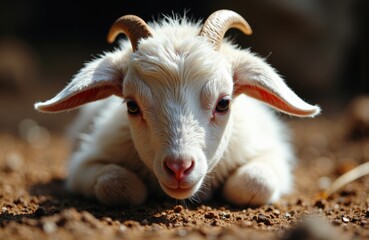 Obraz premium Young goat lying on the ground with a close-up view of its face and horns