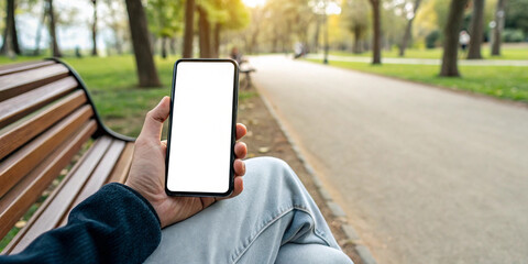 Person Holding Smartphone in Park – Outdoor, Technology, Mobile, Blank Screen, Mockup, Communication, Lifestyle, Nature, App