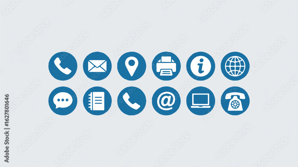 Poster a set of 12 circular blue communication and media icons arranged in two rows against a white backgro
