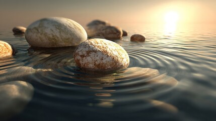 ​Tranquil water circles over river rocks​
