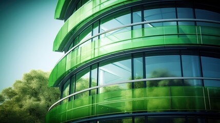 architectural photography, modern circular glass building, exterior view, vertical composition, green tinted glass, striking architectural design, sleek and contemporary, urban landscape, clean lines 