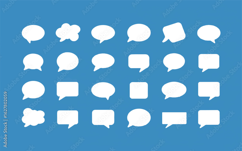 Poster a set of 20 white speech bubble icons arranged in three rows against a solid blue background.