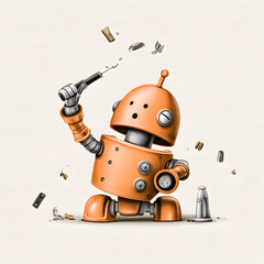 Fototapeta premium Robot Repairing Itself with Metallic Parts on White Background