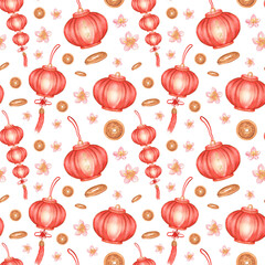 Seamless pattern with red watercolor Chinese paper lantern, cherry blossoms, Chinese coins. Lunar New Year clipart. Hand-drawn watercolor illustration for wrapping paper, fabric, background design
