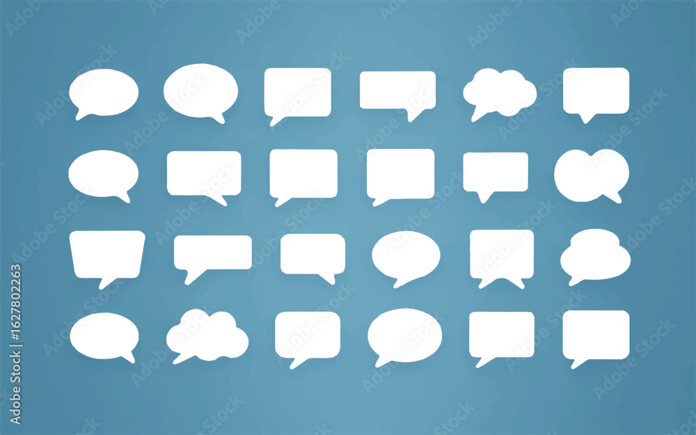 Poster a set of 20 white speech bubble icons arranged in three rows against a solid blue background.