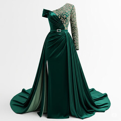 A luxurious emerald green gown. This dress features a one-shoulder style with long, lace-trimmed sleeves on one side. The skirt slits high in the front, revealing a lighter layer of fabric, and flows 