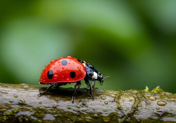Obraz premium Vibrant red ladybug with dew drops on a mossy twig