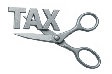 Metal scissors cutting through the word tax, representing tax cuts and financial relief, set against a transparent background