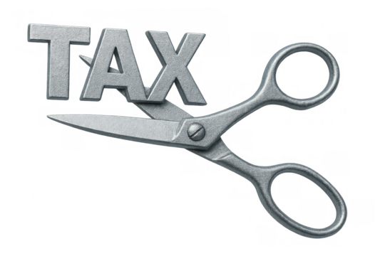 Metal scissors cutting through the word tax, representing tax cuts and financial relief, set against a transparent background