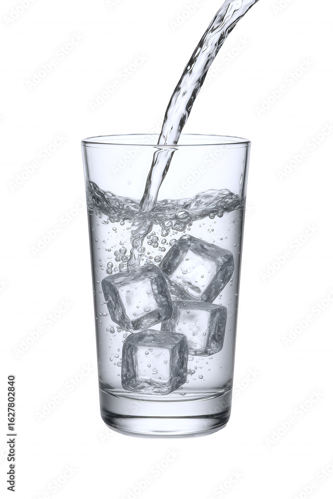 Poster refreshing clear liquid cascades into a glass filled with ice cubes, creating a dynamic and invigora