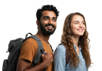 Young couple with backpacks smiling together isolated on transparent background