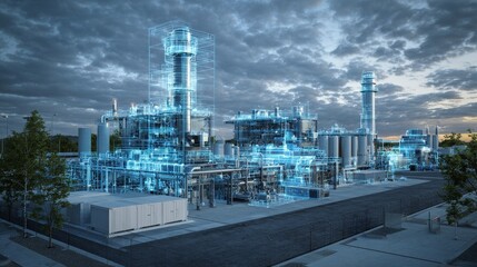 Futuristic Industrial Complex with Digital Overlay and Cloudy Sky