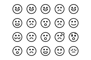 A collection of twenty one simple black and white outline emoticon faces expressing different moods