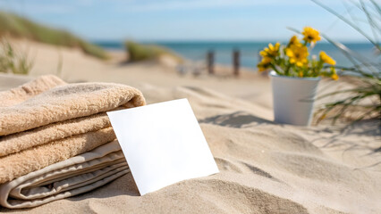 Beach scene with folded towel blank card and yellow flowers in a bucket sand
