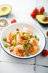 Rice bowl with shrimps and edamame beans