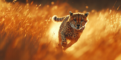 Fast cheetah running in African savanna. Wildlife predator hunts in tall grass during safari sunset