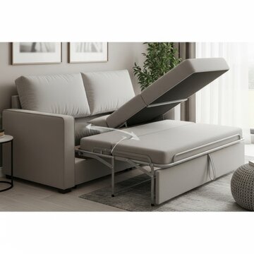 Modern gray sectional sofa with pull out bed and chaise lounge in a stylish living room