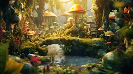 Fototapeta premium detailed fantasy forest scene, lush foliage, magical mushroom houses, glowing fireflies, serene pond with reflections, warm lighting, whimsical atmosphere, highly detailed, digital art, 8k resolution 