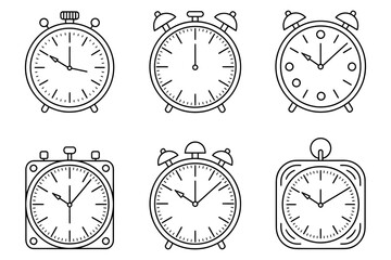 Fototapeta premium Illustration of six clock icons in black outline showing different clock designs and times