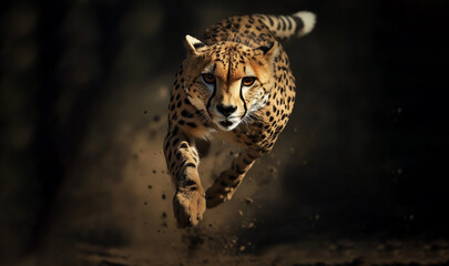 Cheetah portrait from Africa on black background. Intense hunt focus symbolizes wild power, speed and safari adventure