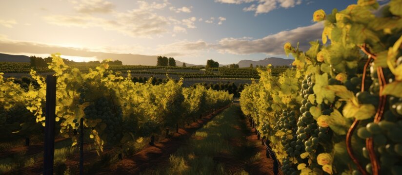 detailed landscape, scenic vineyard at sunset, rolling hills, lush green foliage, vibrant colors, dramatic sky, picturesque countryside, serene atmosphere, panoramic view, beautiful nature, summer sce