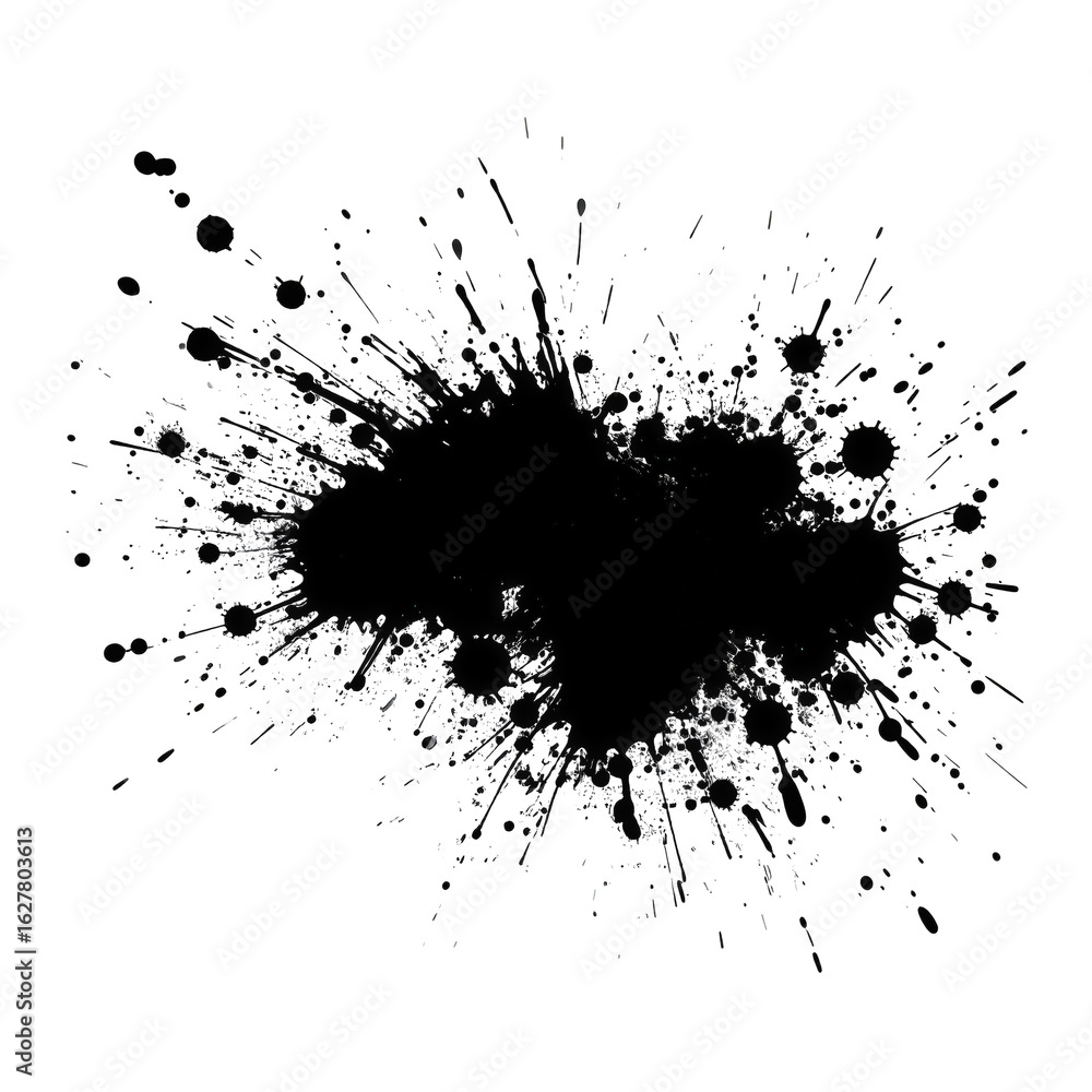 Poster abstract black ink splatter on white background with irregular shape and random paint droplets creat