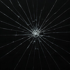 Close-up shot of a broken glass pane displaying multiple cracks radiating from a central impact point, forming an abstract shattered texture on a solid black background.