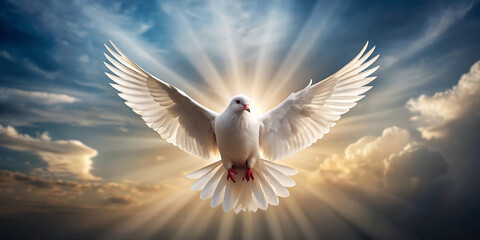 White dove flying with rays, peace bird illustration, freedom pigeon design, glowing dove wallpaper, spiritual bird background, symbolic dove vector, bird in light art, holy spirit dove design, flying © Geetaroy