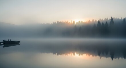Fototapeta premium Tranquil sunrise over a misty lake with a forest reflection