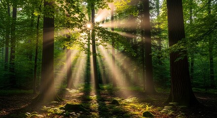 Golden sunbeams streaming through a lush green forest canopy
