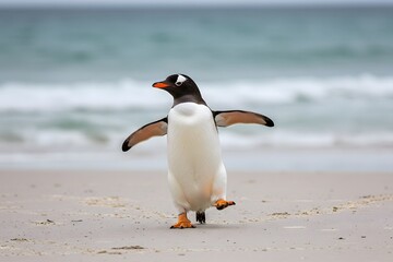 white belly, orange feet. King Penguin Aptenodytes patagonicus Chicks in Creche in the rain.a Gentoo penguin standing on a sandy beach, wings outstretched and one leg raised. penguin has a black head,