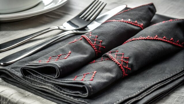 Elegant black napkins with red embroidery set on dining table - Powered by Adobe