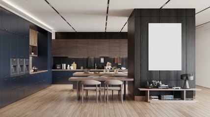 Obraz premium Blank poster mockup on dark wood wall in modern kitchen interior with blue cabinets, minimalist dining area and clean design layout concept. 3D Rendering