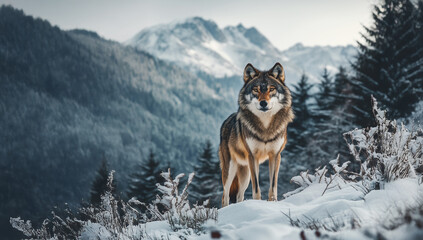 Gray wolf stands on snow hill with mountains and forest in background