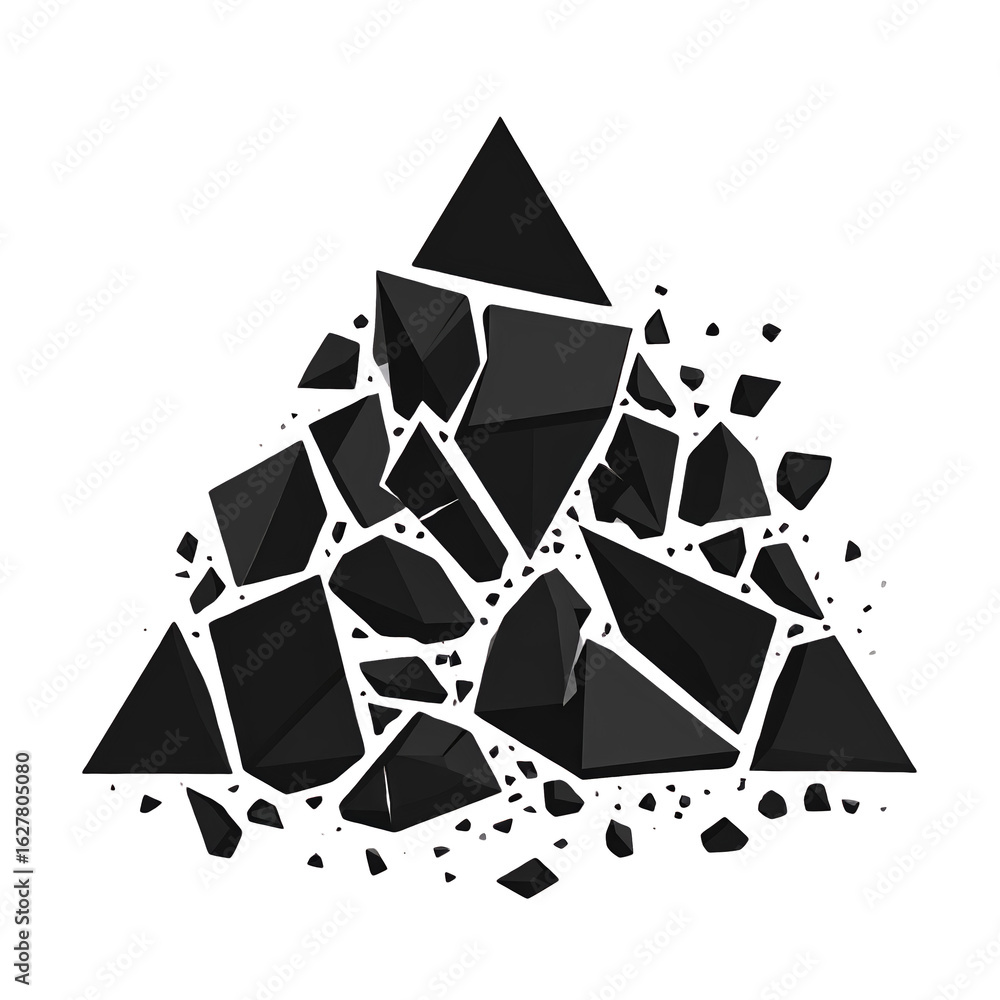 Poster dynamic abstract illustration of a black fragmented geometric pyramid shape breaking apart into vari