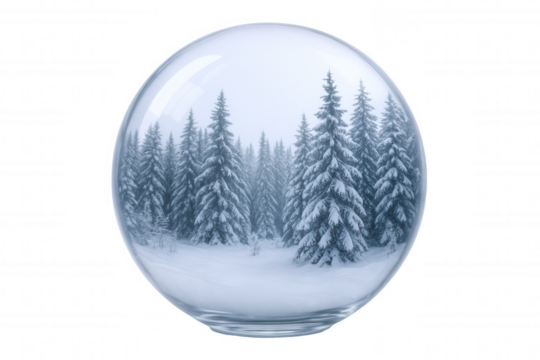 Crystal Sphere Encapsulating a Snow-Covered Pine Forest Landscape with a Soft, Misty Atmosphere