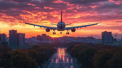 Airplane Landing Over Cityscape at Sunset