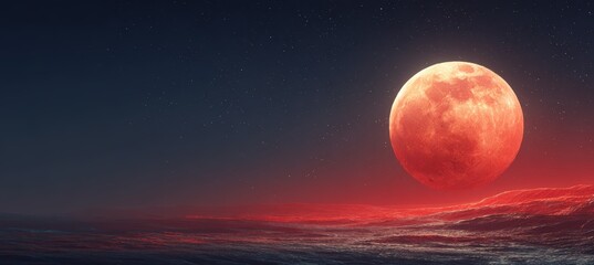 Red bloody full moon on dark night landscape. Generative AI technology.	
