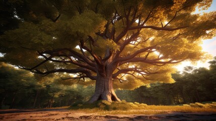 Fototapeta premium detailed, photorealistic, gigantic oak tree with twisted branches reaching up to a dramatic stormy sky, golden sunlight filtering through the leaves, lush greenery and fallen leaves on the ground, int