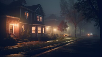 moody, foggy, night, old house, warm lights, dirt road, atmospheric, cinematic, dramatic lighting, mist, eerie, mystery, gothic
