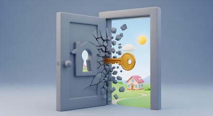 The Approved Moment: A golden key dramatically breaks through a grey door, revealing a bright, sunny landscape with a path leading to a dream house, symbolizing successful homeownership.