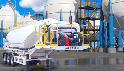 Industrial tanker trailer with pump system at chemical plant. Concept: logistics, industrial transport, fluid handling, chemical storage, oil & gas.